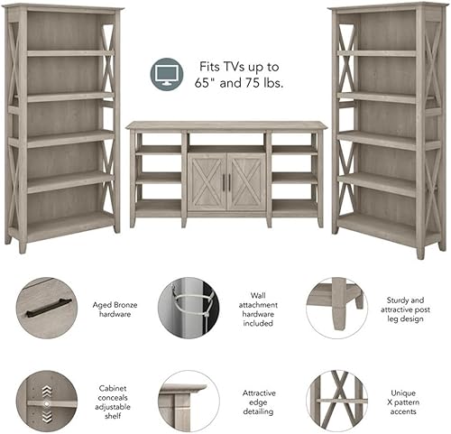 Miniatura 9 de Bush Furniture Key West - Soporte alto para TV con juego de 2 estanterías en gris lavado, centro de entretenimiento de granja para televisión de 65