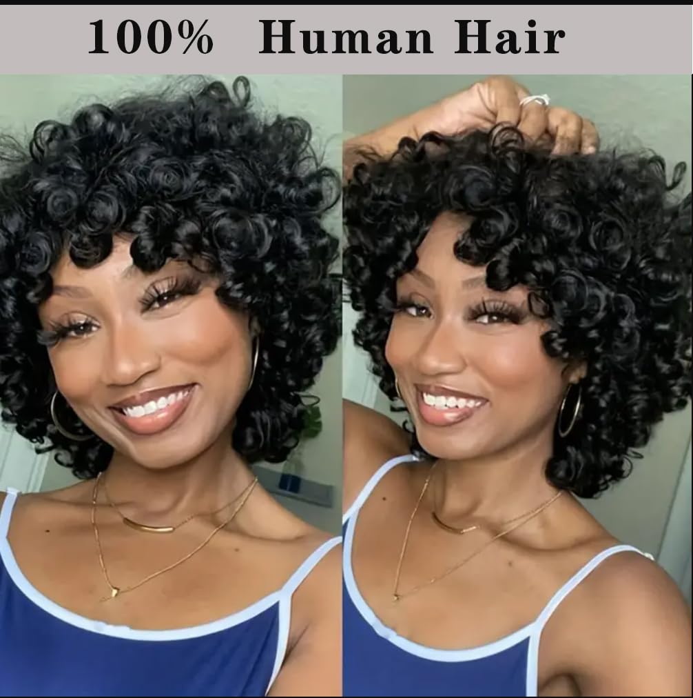 short curly human hair wigs for black women glueless bouncy curly bob wig with bangs big curl natural looking human hair wig for african american women 8 inch natural 8 inch