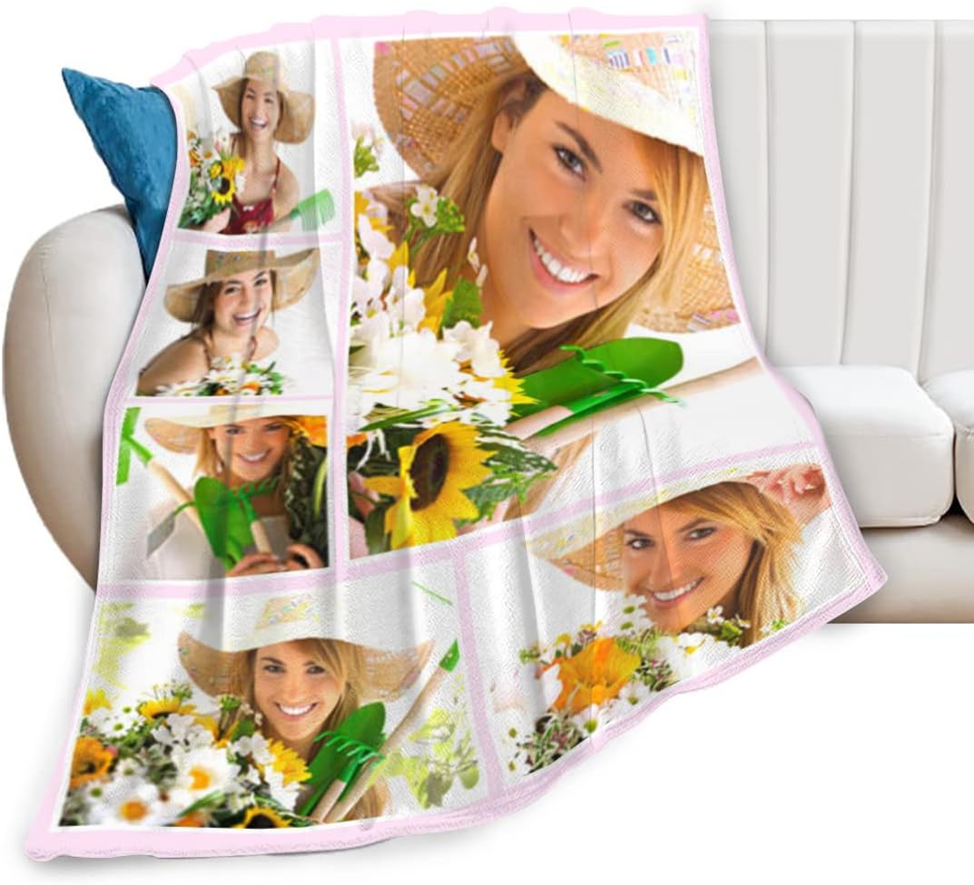 AXKEUDO Custom Blanket with Photo Text Personalized Bedding Throw Blanket Flannel Fleece Blankets for Family Birthday Wedding Gifts Fits Couch Sofa Bedroom Living Room 60"X50" 6 Photo-3