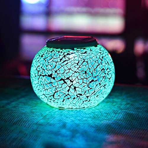 Solar Powered Mosaic Glass Color Changing Table Lamp LED Rechargeable Lamp Crystal Glass Night Light Waterproof Outdoor Lights for Home Yard Patio Party Decorations 5.12 4.13 in (Mosaic-Rainbow)