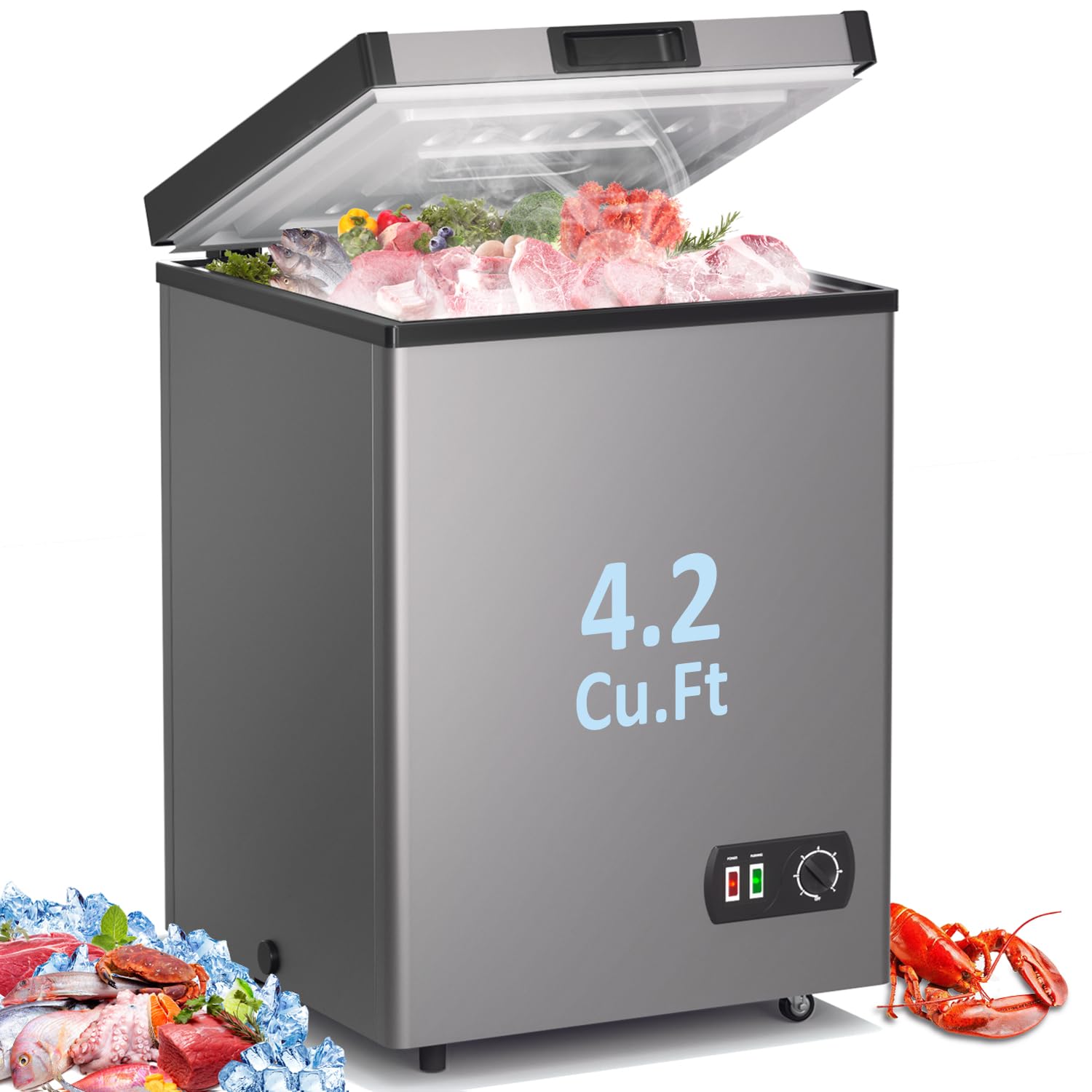 Chest Freezer 4.2 Cubic Feet with Removable Storage Basket, Deep Freezer 7 Adjustable Temperature, Energy Saving, Super Quiet for Garage, Office, Kitchen, or Apartment