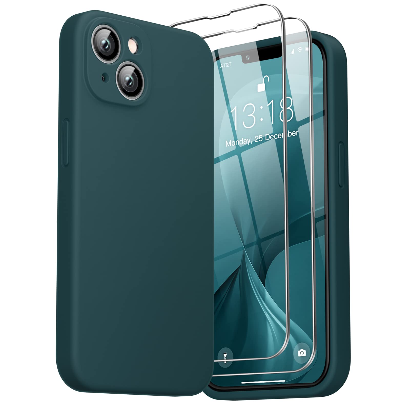 GOODVISH 3 in 1 Cover in Silicone per iPhone 14 6,1'' (2022), con 2 Pezzi di Pellicola Protettiva, Custodia per Cellulare Ultra Sottile Antiurto Resistente Protezione Fotocamera, Verde Scuro