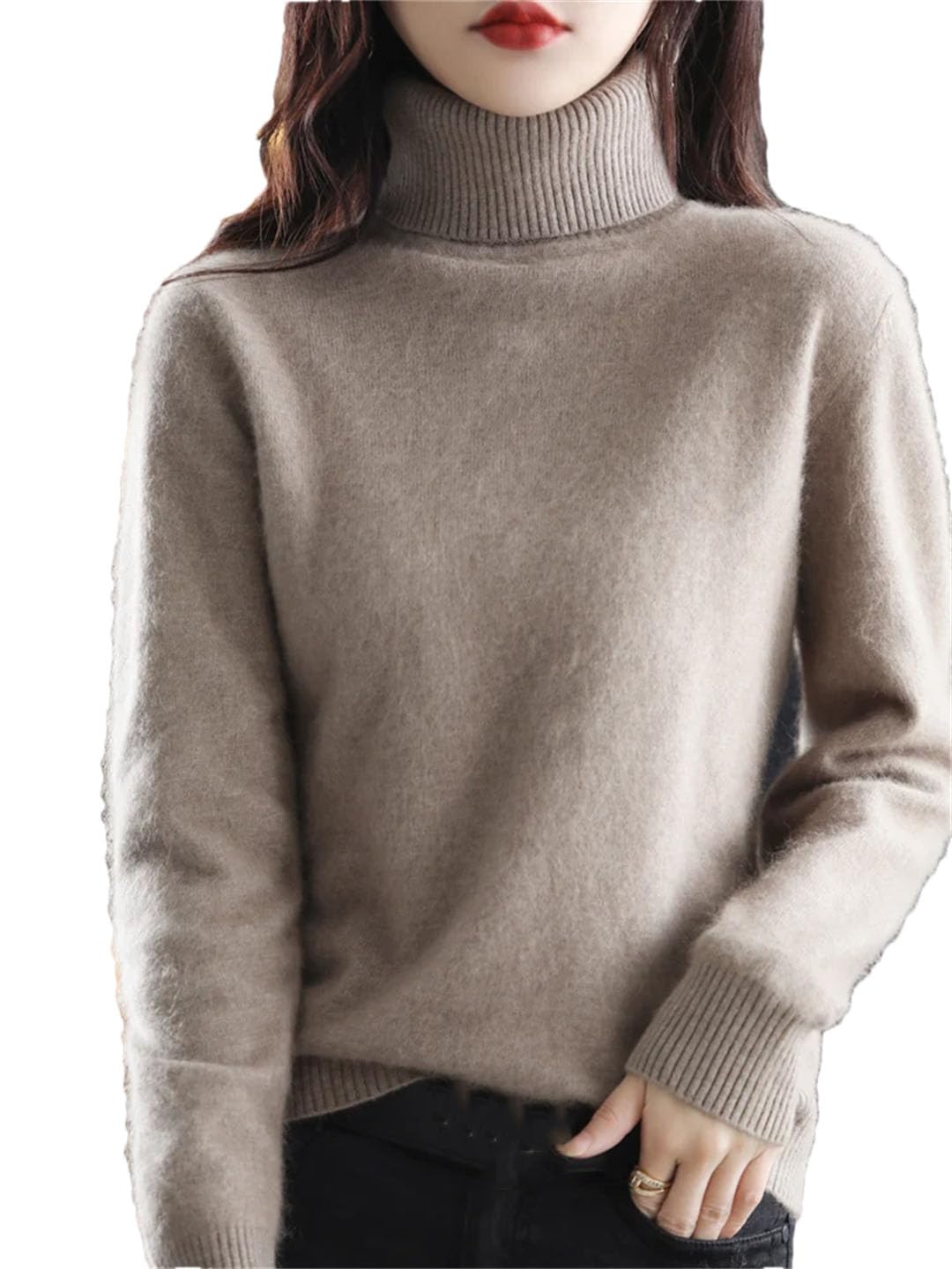 Damski sweter z golfem w jednolitym kolorze, wąski, miękki, ciepły, długi rękaw, Brązowy szary, XL