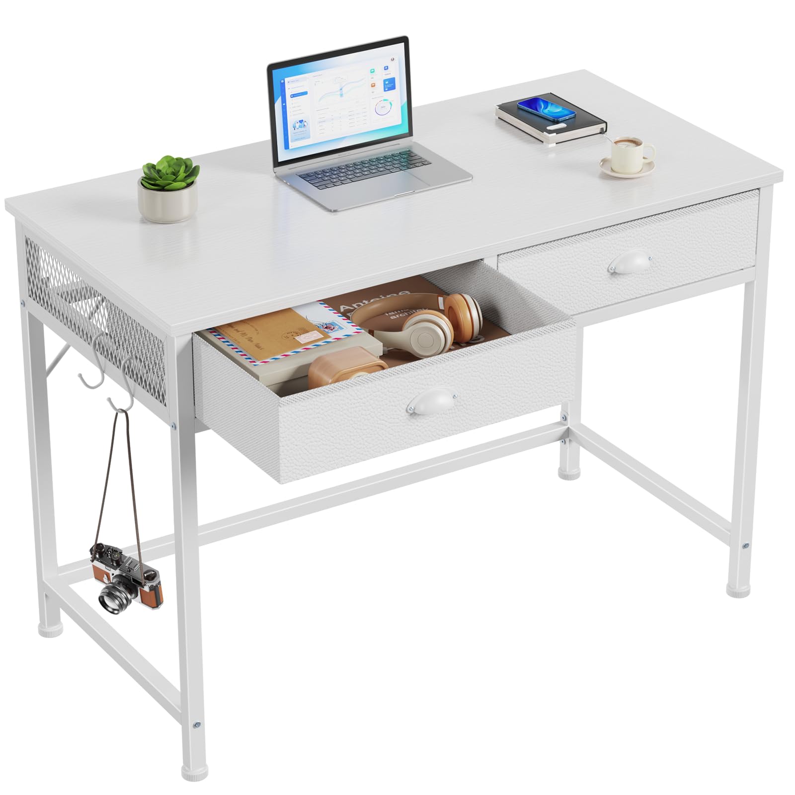 Furologee Small Computer Desk with 2 Fabric Drawers for Bedroom, 40 Inch Simple Home Office Desk for Small Space, Study Work Writing Table with Hooks