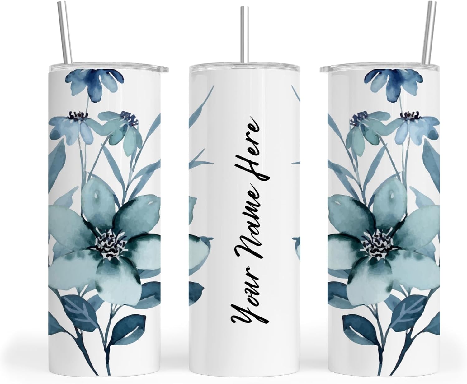 Personalized Flowered Skinny Tumbler 20Oz, Stainless Steel with lid, Straw, Brush and Non-Slip Base. Keep Drinks Hot or Cold. Use like Water Bottle, Coffee Mug, Travel Mug, Wine Cup. (Navy Blue)