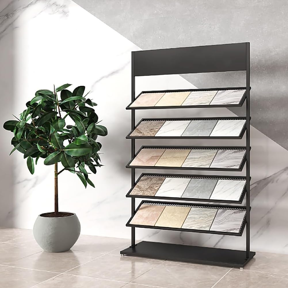 5-poziomowy metalowy stojak na płytki, idealny do sprzedaży detalicznej, o wysokości 107 cm. Rozwiązanie do przechowywania materiałów budowlanych, idealne na wystawy