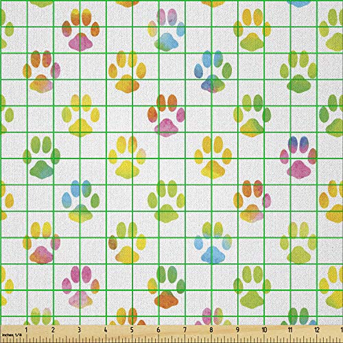 Image of Ambesonne Dog Lover Fabric by The Yard, Animal Footprint Colorful Abstract Puppy Paws Grunge Elements Paintbrush Effect, Microfiber Fabric for Arts and Crafts Textiles & Decor, 1 Yard, Yellow Blue