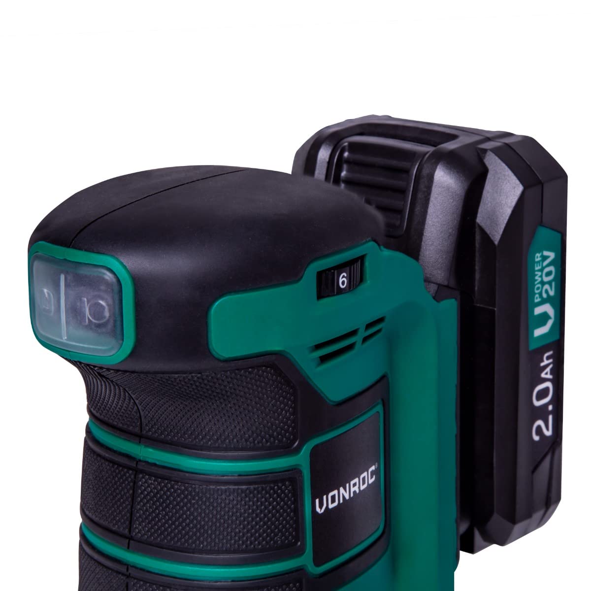 VONROC Levigatrice orbitale VPOWER 20V - Ø125mm. Include 2 batterie da 2.0Ah, caricabatterie, sacchetto raccolta polvere e 12 pezzi di carta abrasiva