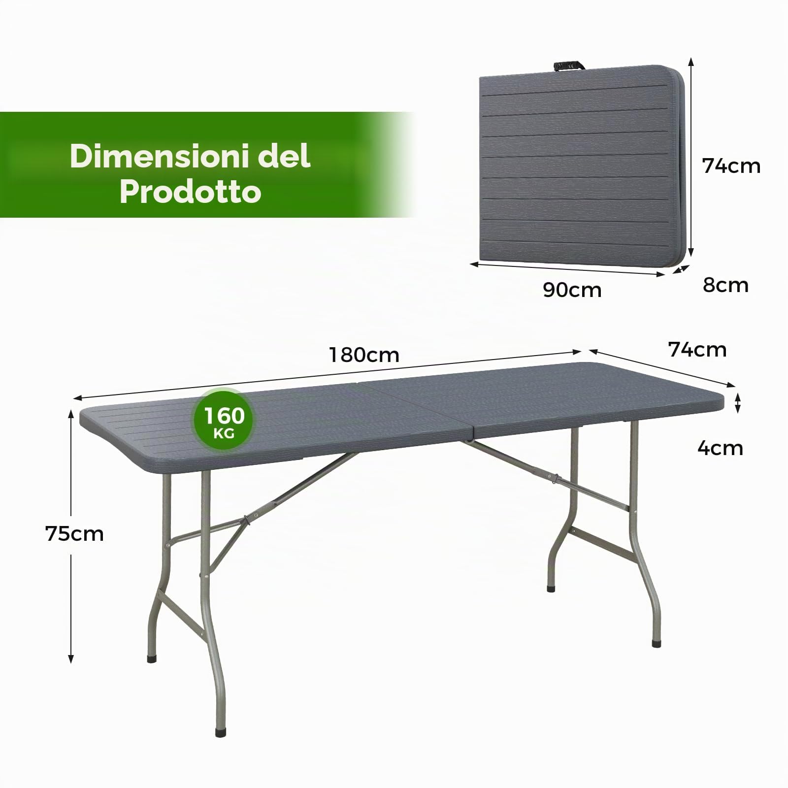 KOMFOTTEU Tavolo Pieghevole in HDPE e Metallo, Tavolo Campeggio Portatile con Maniglia di Trasporto, Tavolo Picnic Salvaspazio per Giardino, Esterno, Carico 160 kg, 180 x 74 x 75 cm (Grigio II)