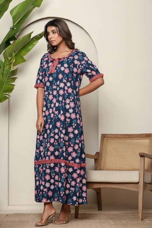 Image of NIHSAMAH Cotton Night Gown for Women, Printed Long Cotton Nighty with Pockets, Comfortable & Fancy Sleepwear /Nightwear /Maxi