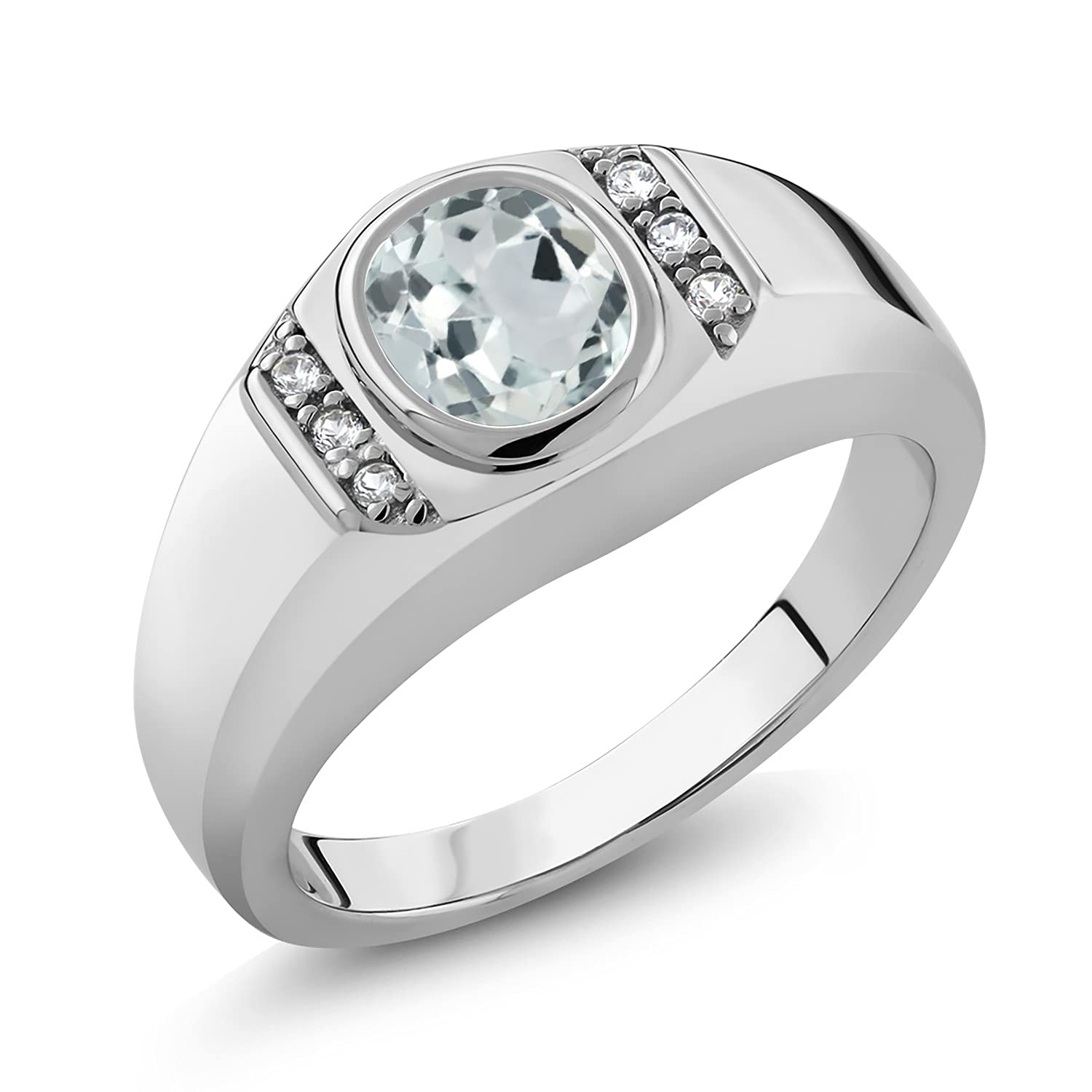 Gem Stone King Men's 925 Sterling Silver Sky Blue Aquamarine and White Created Sapphire Ring (1.16 Cttw, Gemstone Birthstone, Available In Size 7, 8, 9, 10, 11, 12, 13)