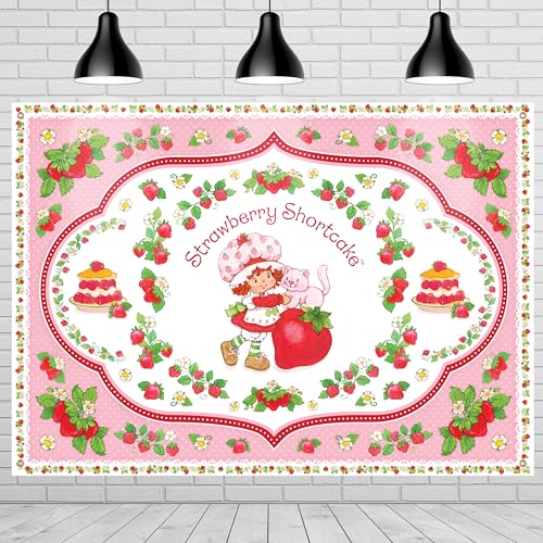 Treasures Gifted Officially Licensed Strawberry Shortcake Backdrop - 4.3ft Tall x 6ft Wide Banner - Strawberry Shortcake Decorations - Birthday Party Supplies - Baby Shower Decorations