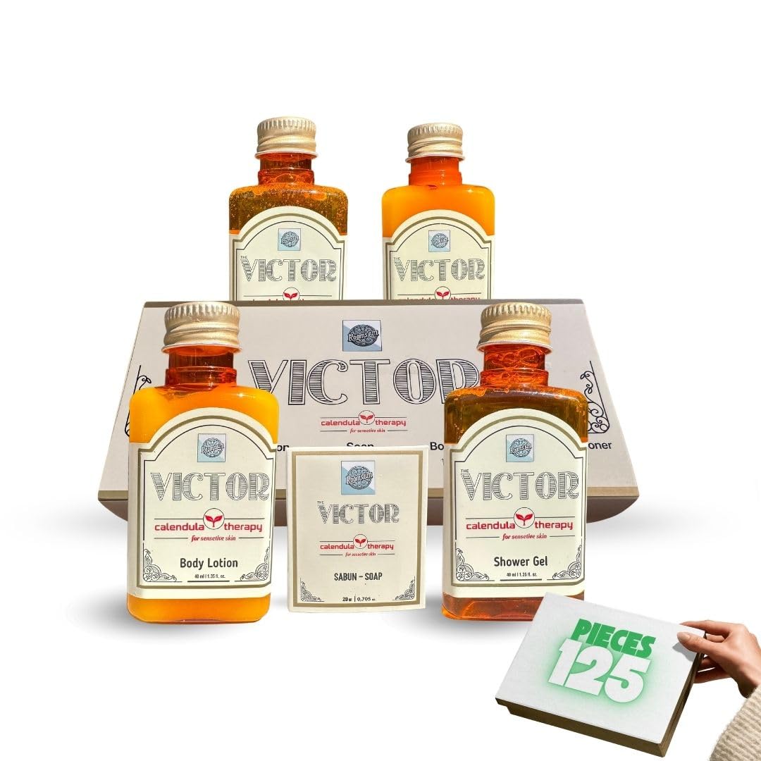 Turkish Bath Set by Roomsium, Victor Box Hotel Amenities Set | Toiletries| Shampoo, Body Lotion, Body Gel, Hair Conditioner, Soap - Bathroom Pack for