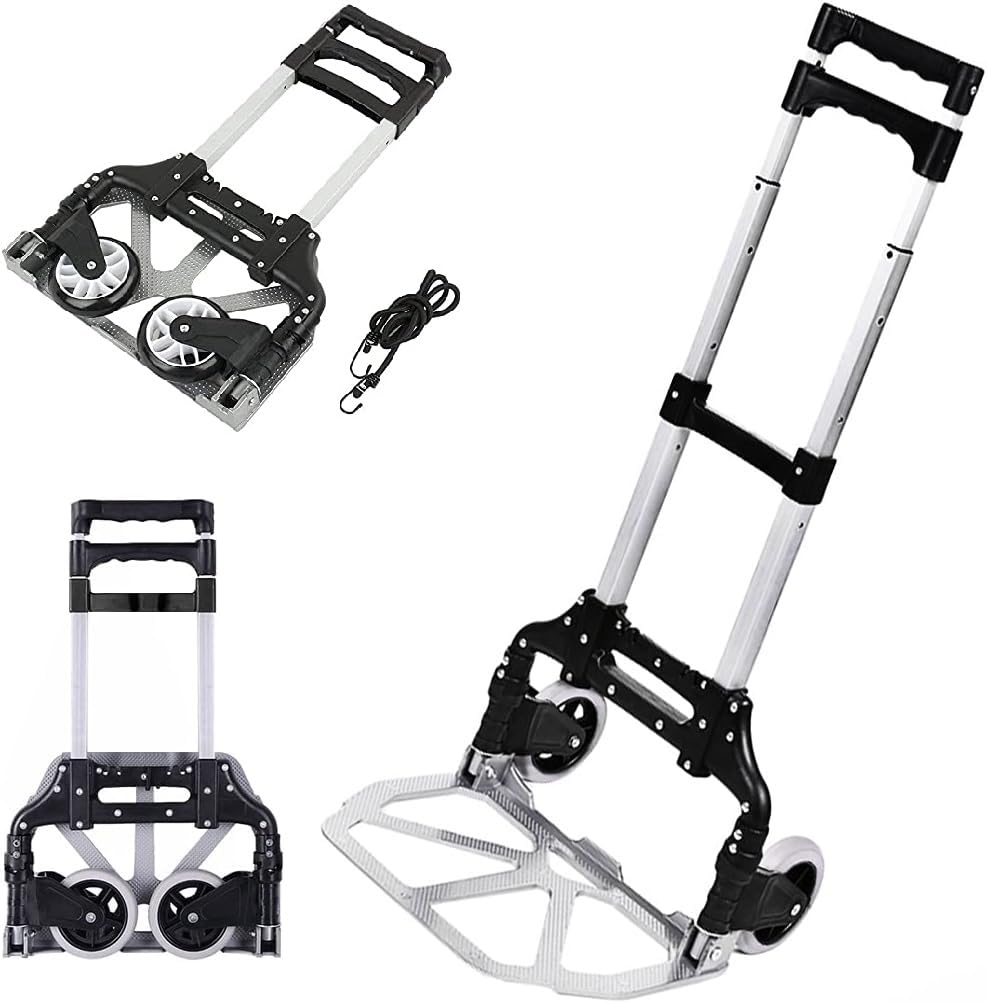 Handkarre klappbare Sackkarre Aluminium Trolley Faltbare Cart mit Teleskopgriff, 2 Gummirädern & Bungee-Seil für Gepäck, Reisen, Auto, Umzug, Airport, Einkaufen und Büro