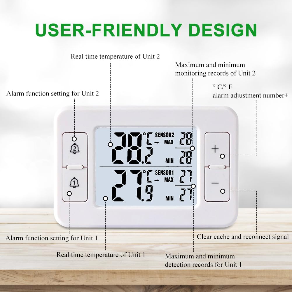 Kühlschrankthermometer, Gefrierschrank Thermometer mit 2 kabellosen Sensoren, Thermometer Innen Außen, Temperatur Alarm, MIN/MAX, Temperaturtrendanzeige Pfeil