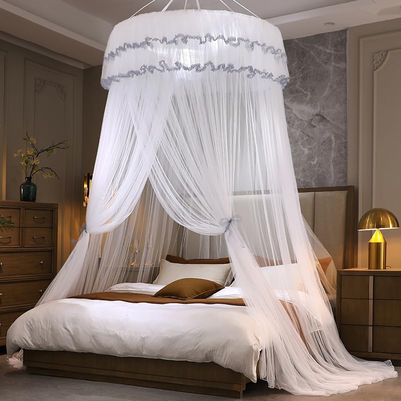 Decorative Bed Canopy for Girls & Adults - Luxury Round Mosquito Net with Double-Layer Drapes Elegant Bedroom Curtains for Queen Size Bed Decor(F,for 200x220cm Bed)
