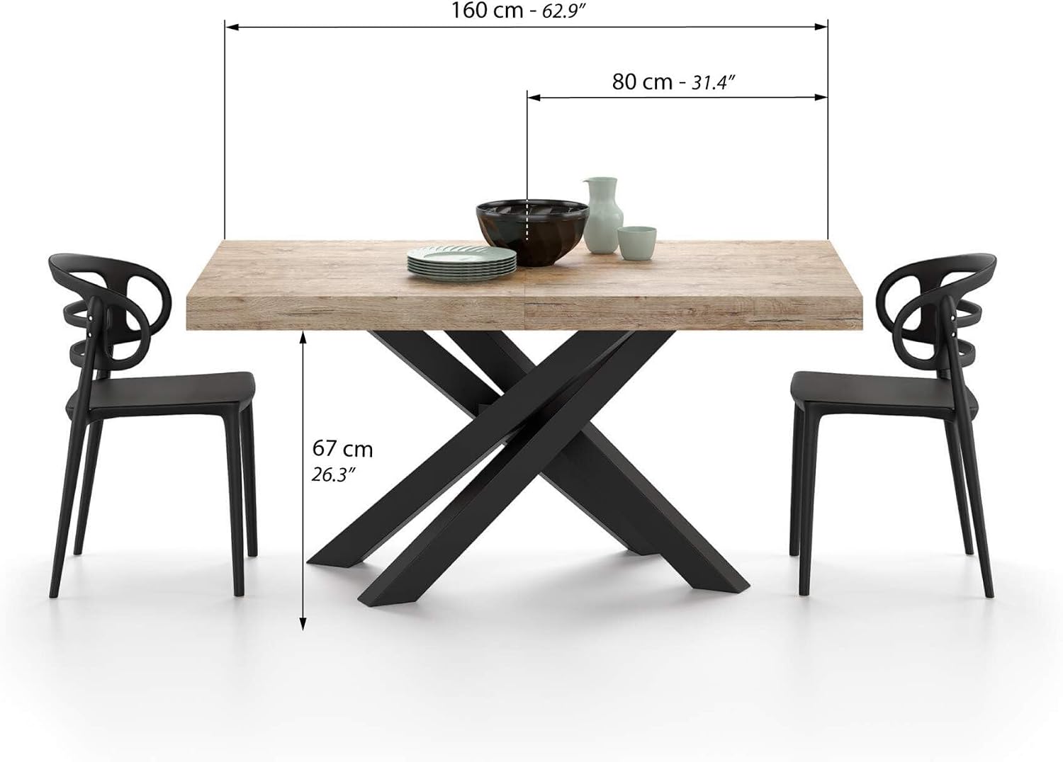Mobili Fiver, Emma 63(94,5) x35,4 in Extendable Table, Oak with Black Crossed Legs, for 6-10 People, Expandable Dining Table for Kitchen, Living Room, Italian Furniture