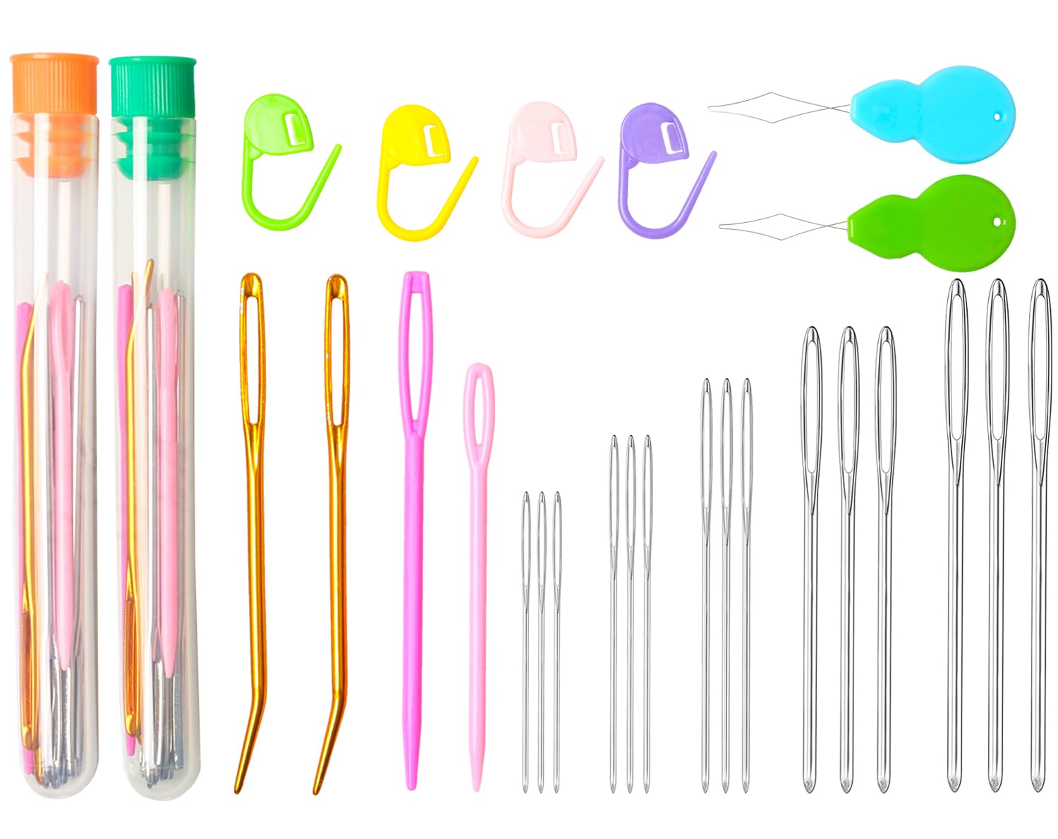 Hekisn 45Pcs Large Eye Blunt Yarn Needles kit, Assorted Sizes Bent Tapestry Darning Needle, Sewing Needles with Needle Threaders &amp; Stitch Markers for Knitting Crochet (Orange&amp;Green)