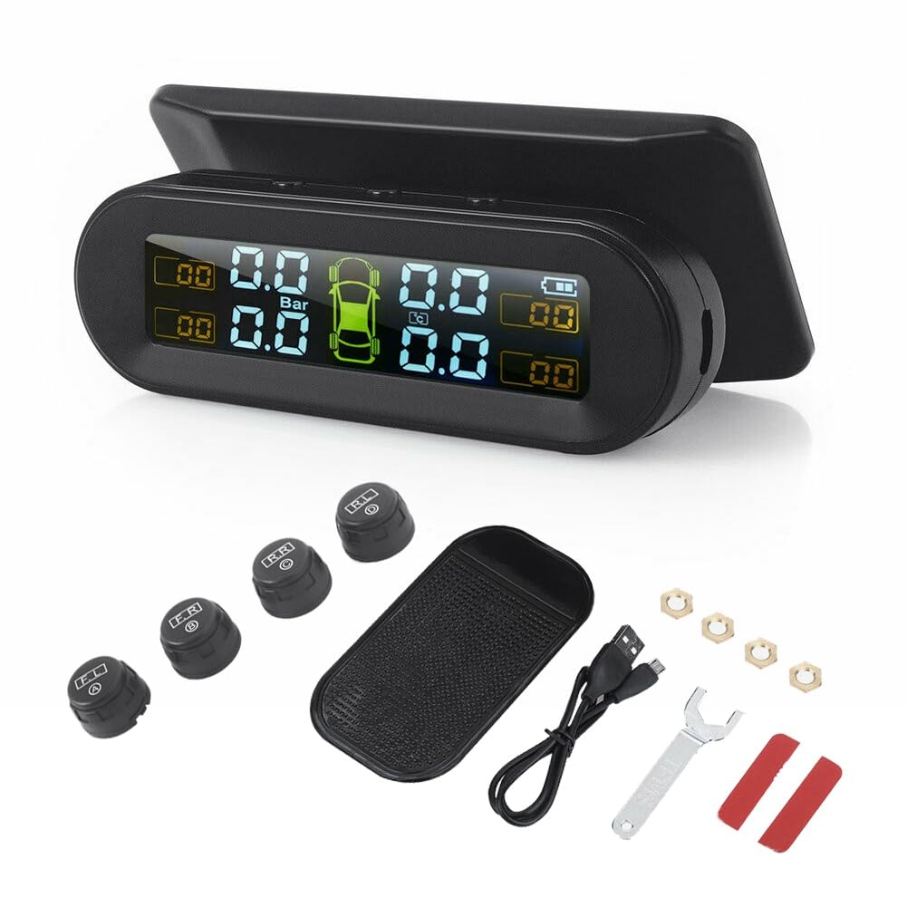 2 x solarny bezprzewodowy system kontroli ciśnienia w oponach samochodowych TPMS, wyświetlacz HD LCD, 4 zewnętrzne czujniki, ciśnienie w oponach, ostrzeżenie o temperaturze