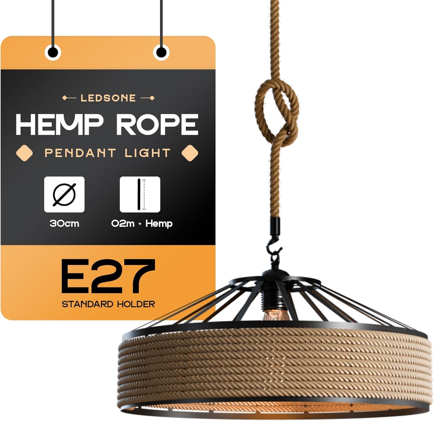 LEDSone 30cm Classical Hemp Rope Pendant Hanging Lamp with 2m Rope Lustre for Ceiling Chandelier Classic Retro Antique Industrial Iron Dining Room Light