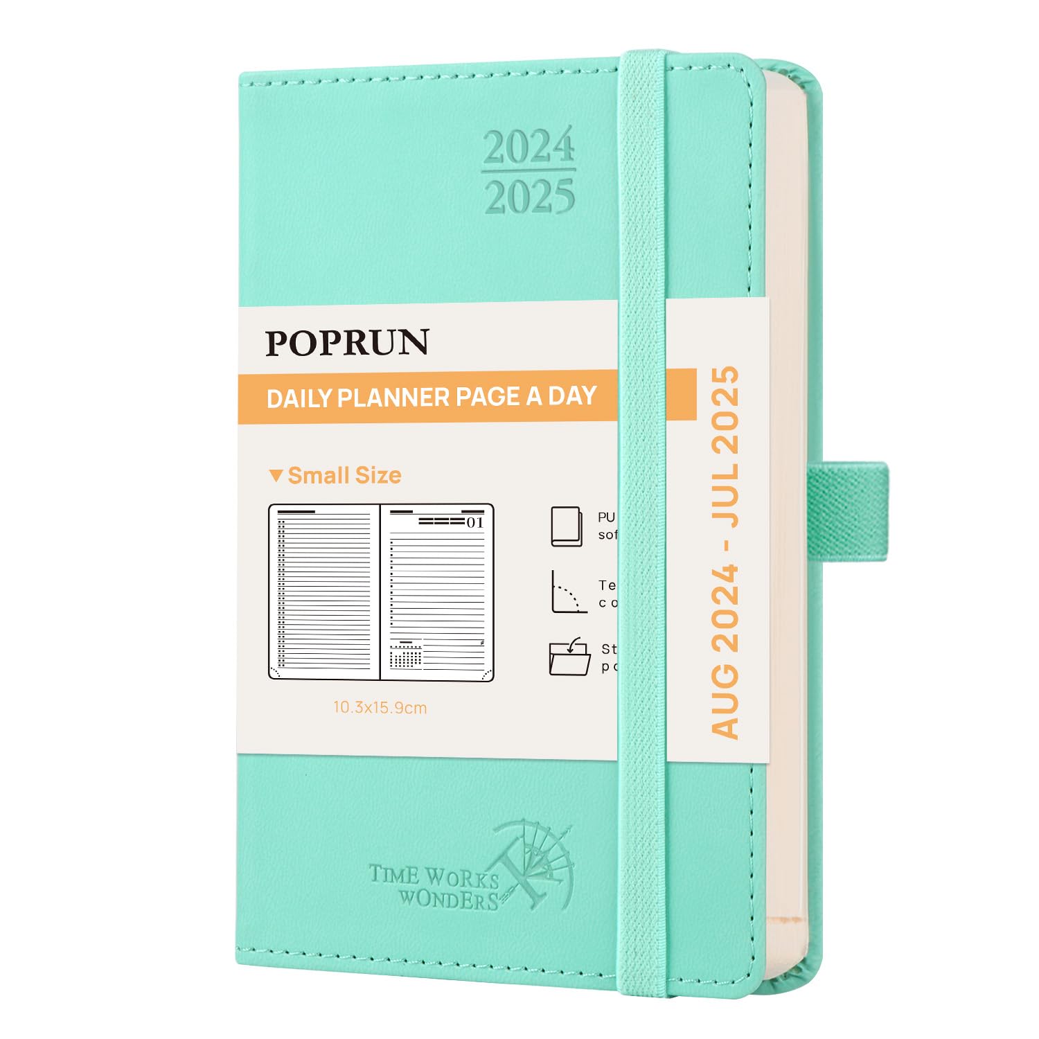 POPRUN Agenda 2024 2025 Dia Por Pagina A6, Diaria 12 Meses 16 x 10,5 cm, Tapa Blanda, Banda Elástica, Papel Certificado FSC® 80 GSM, Verde Pacífico