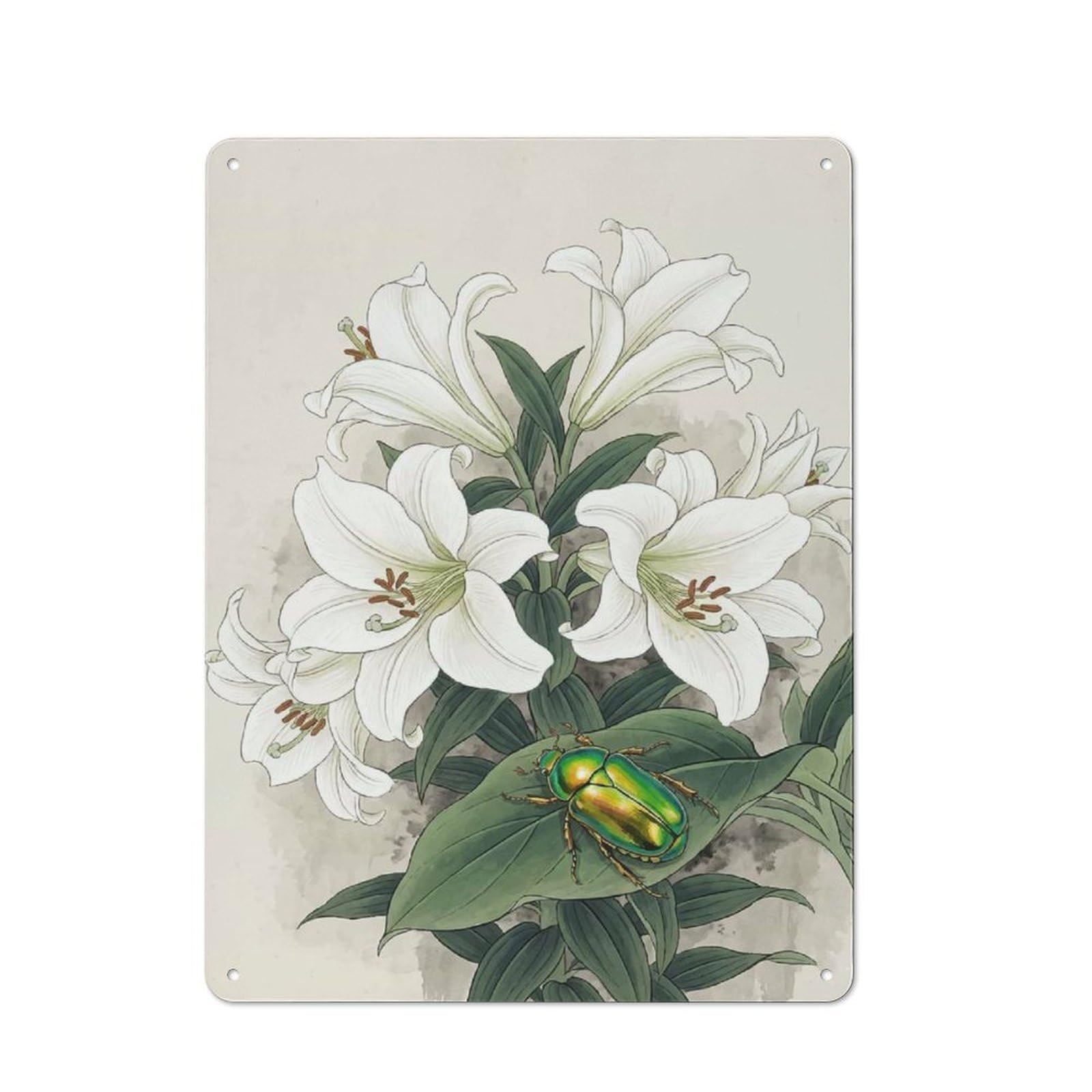 Metal Wall Sign 40x30cm Featuring White Lilies with Green Beetle for Bar Or Restaurant, for Themed Interiors in Bars And Restaurants