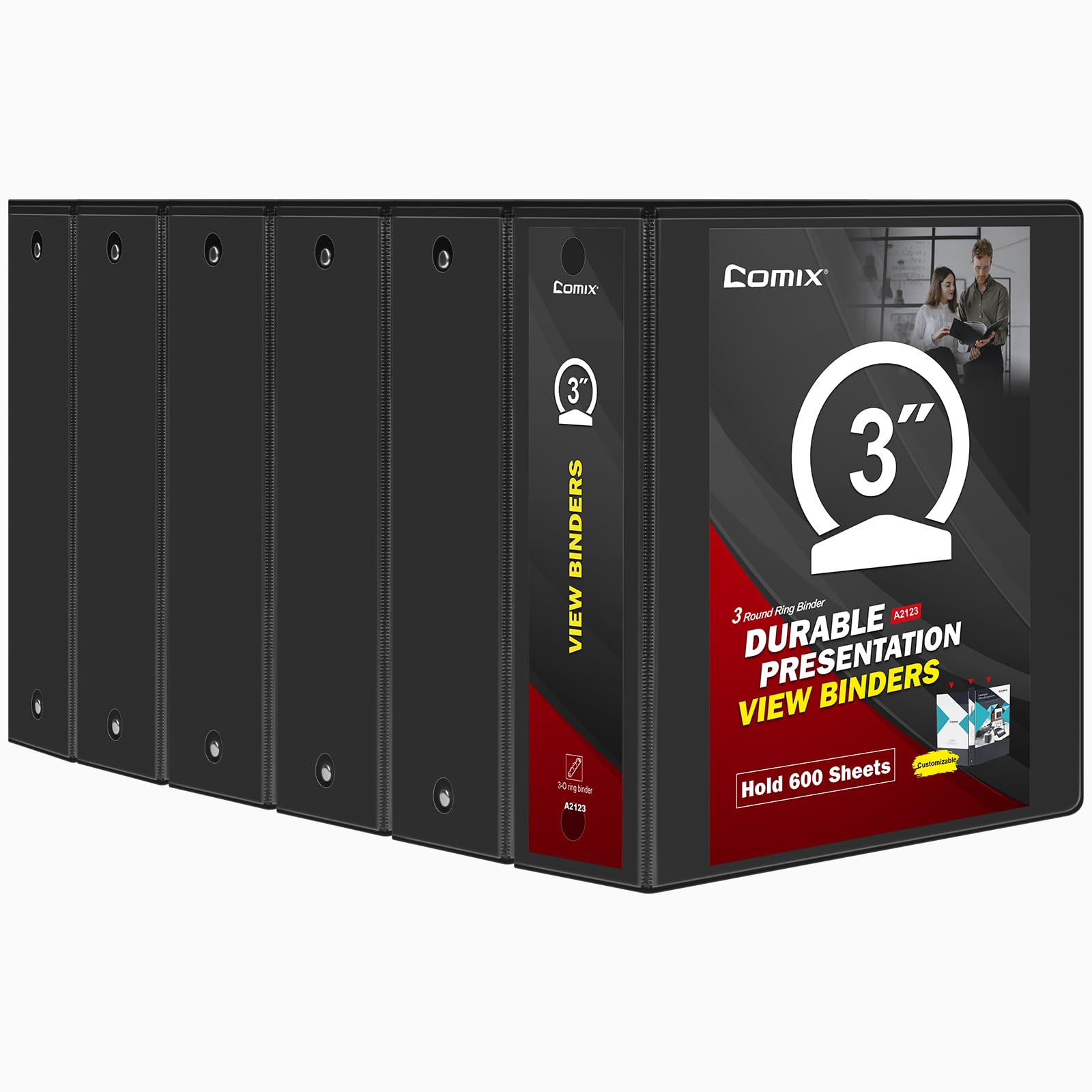 Comix Sturdy 3 inch Round Ring View Binder, Basic 3 Ring Binder 600-Sheet Capacity, Fit 8.5" x 11" Paper, 6 Pack (Black)
