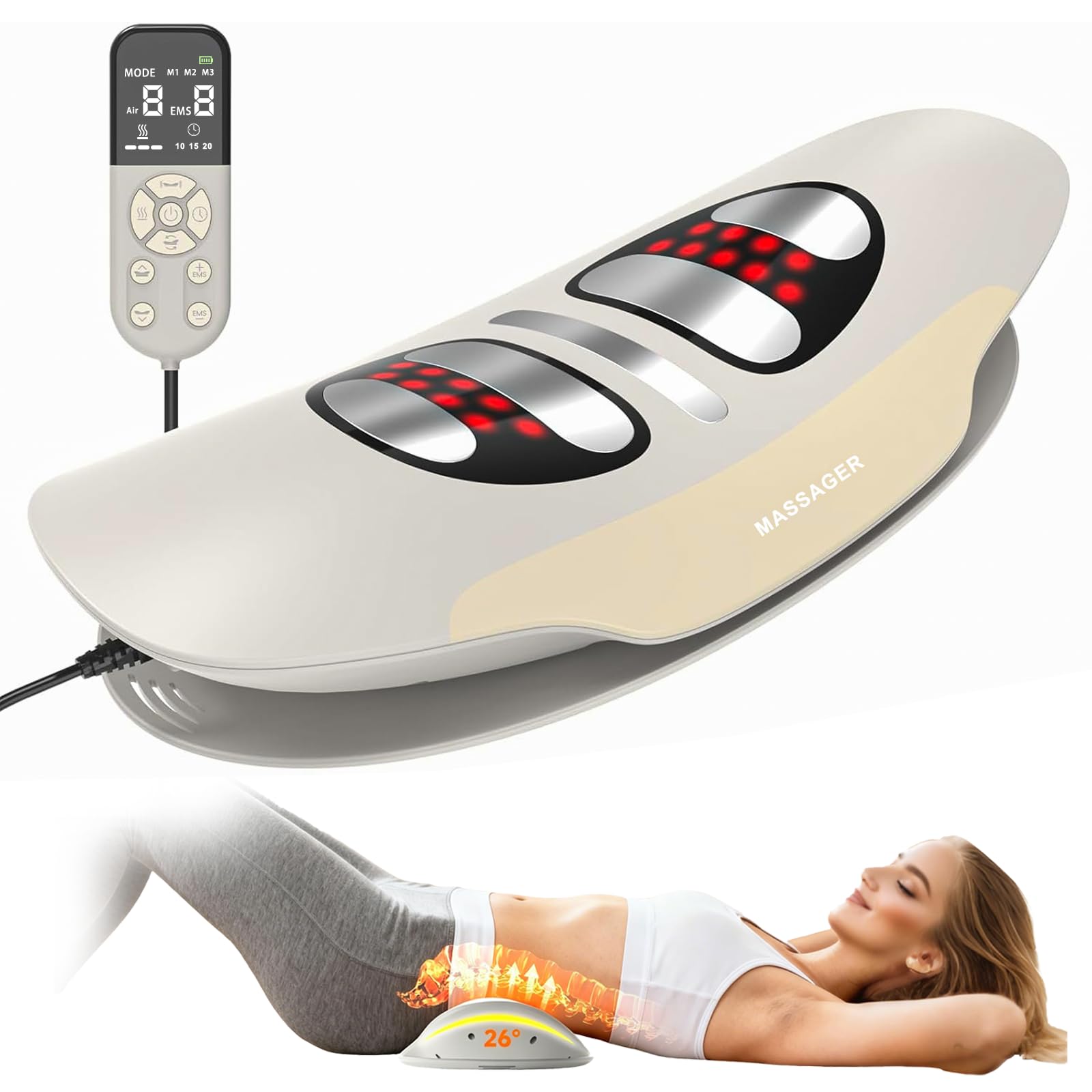 4 en 1 Appareil de Massage Lombaire électrique, 3 Niveaux Appareil de Massage Dorsal Sans Fil avec Traction 26°par Airbag, Compresse Chaude, Electrothérapie EMS à 8 Niveaux, par Vibrations