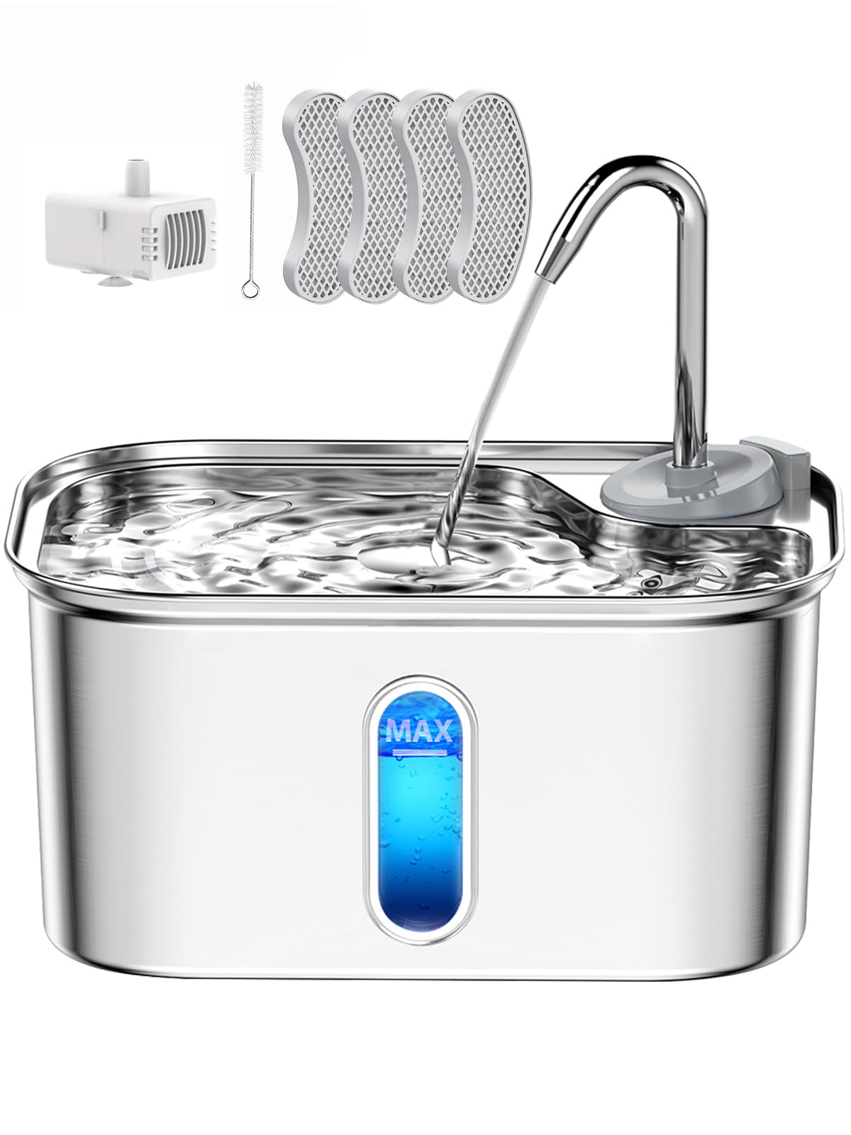 Cat Water Fountain Stainless Steel for Cats Indoor 2.5L 85oz by BPA-Free SUS304, Effective 6-Layer Filter Cat Fountain for Drinking 20dB Ultra Quiet Metal Pet Water Fountain (Fountain+4 Filters)