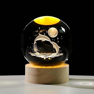 ICHHA HOUSE Crystal Ball Lamp with Wooden LED Base | Engraved 3D Moon & Stars Night Light | USB Rechargeable Home Décor | Price In India