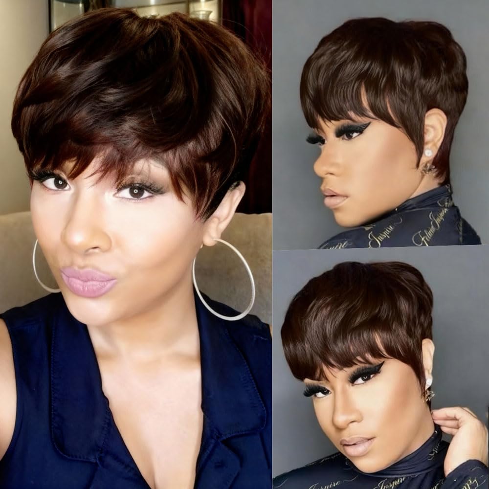 HOTKIS Pixie Cut Wig Human Hair - Natural Brown Short Human Hair Wigs for Black Women, 4Inch Brown Pixie Wig Glueless Non Lace Layered Cut Short Hair
