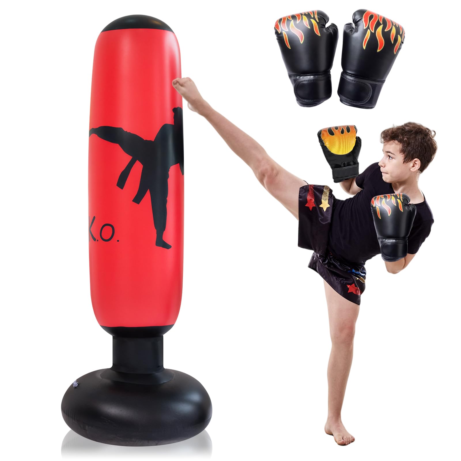 Saco de Boxeo Hinchable de 160 cm, Punchball Inflable con Guantes de Boxeo, Niños de Bolsa de Boxeo Inflable Suavidad y Comodidad, Bolsa de Standbox Inflable, Saco de Boxeo de Pie para Practicar