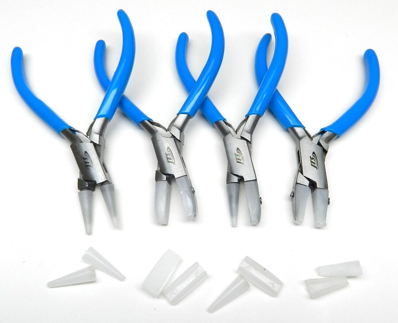 Nylon Jaw Pliers Set of 4 Jewelry Craft Bead Wire Working Bending Forming Hand Tools - Chain Nose Flat Nose Round Jaw Flat and Round with Extra Set of replaceable Nylon jaws Included with Each Plier