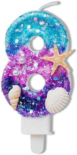 Vela número 8, vela de cumpleaños de lentejuelas degradadas azules y moradas 8 para pastel, ideal para una fiesta de sirena o bajo el mar.