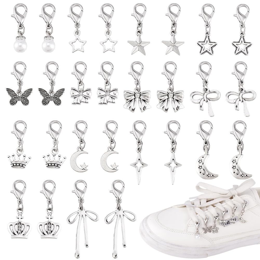 28pcs 14 Styles Clip on Charm Pendants Alloy Shoes Decoration Charms, Antique Silver Star Bow Shoe Lace Charms with Lobster Clasp for Sneakers Canvas Shoes Boots Jewelry Making