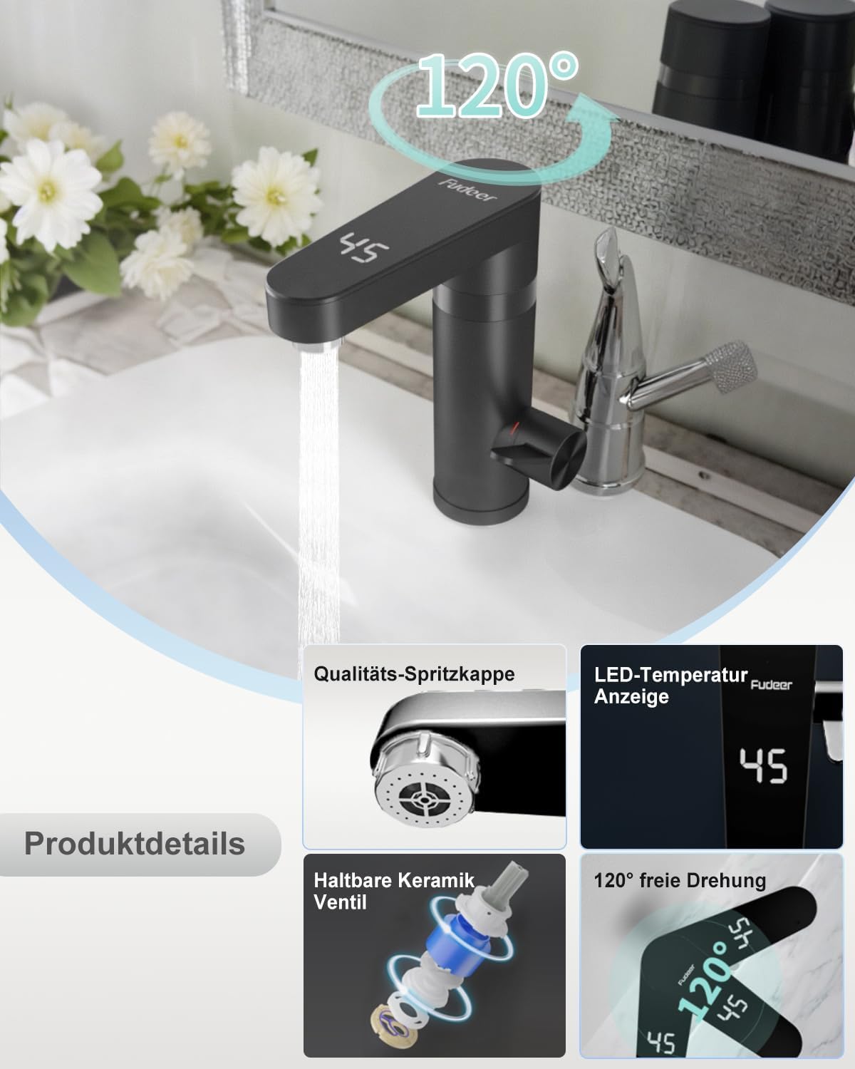 Warmwasserhahn Dlektrisch, Elektrischer Heiß- und Kaltmischer Wasserheizhahn mit digitaler Anzeige, 3300W Wasserhahn mit Durchlauferhitzer Elektrischer Hahn für Waschbecken (Schwarz)