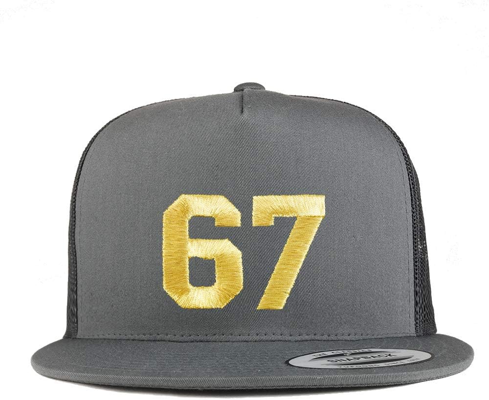 Trendy Apparel Shop Number 67 Gold Thread Embroidered Flat Bill 5 Panel Trucker Cap