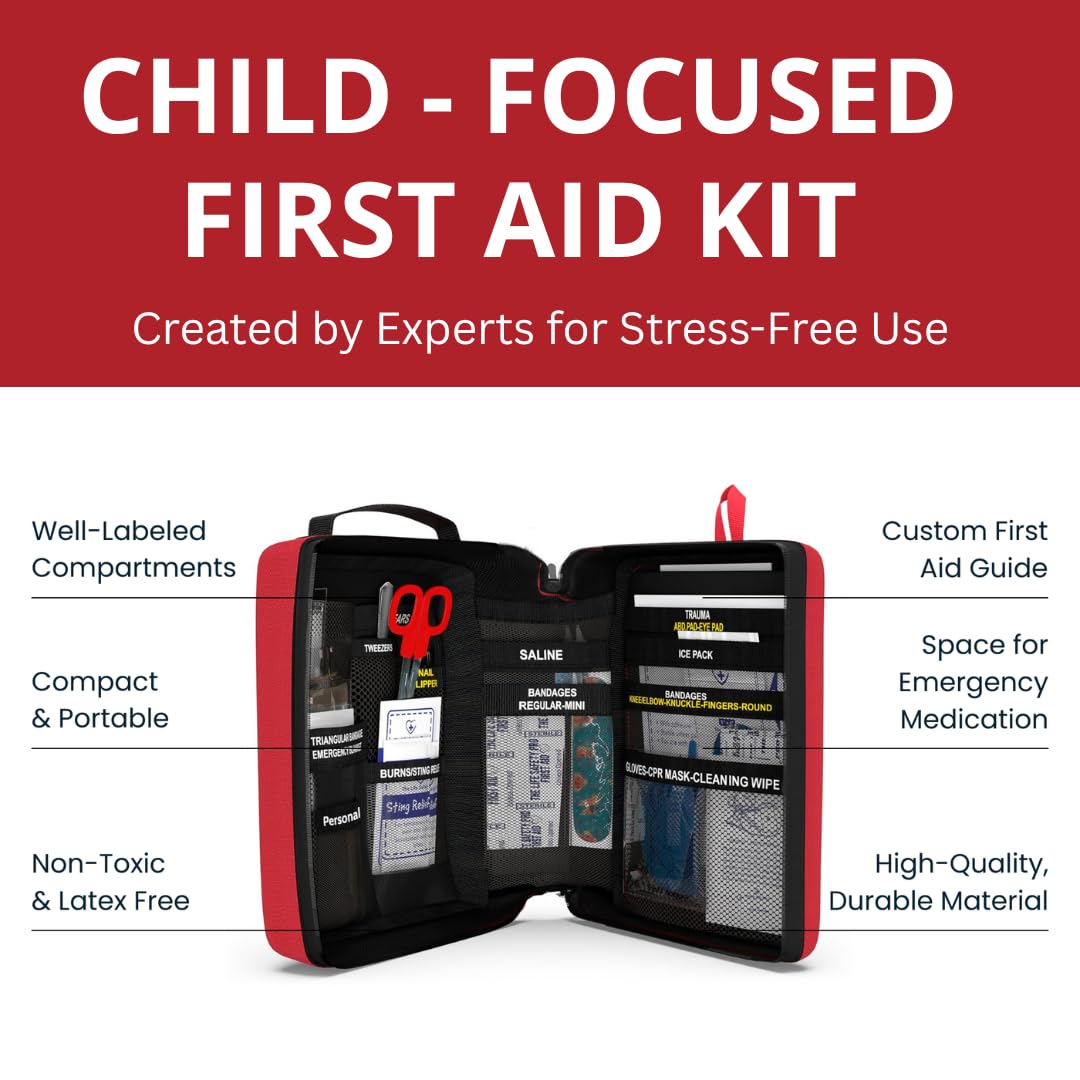 Kit portátil de primeros auxilios y RCP para niños, ideal para el hogar, coche, escuela, camping y viajes, vendajes sin látex – Guía de primeros auxilios personalizada de The Life Safety Pro