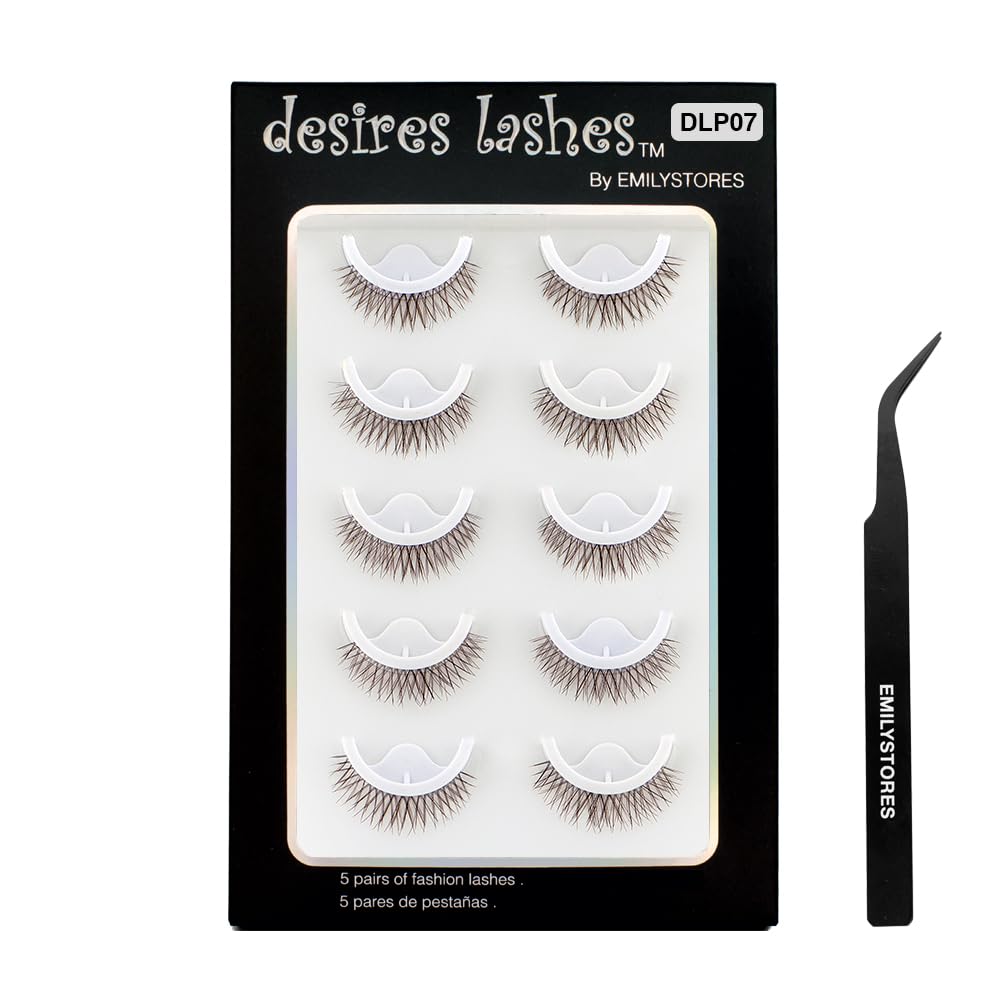 Brown Self Adhesive Eyelashes Stick Lashes Pre-Glued Natural Press on Lashes, Reusable, With Tweezer Applicator 5 Pairs (DLP07)