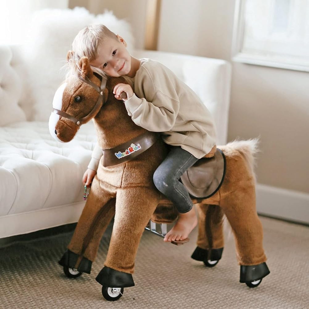 WondeRides Ride on Horse Pony Cycle Riding Horse Toy Size 4 for Age 4-9 M445, 36 Inch Height Riding Pony Ride Plush Giddy up Rocking Mechanical Walking Animal with Wheels No Battery for Child Kids