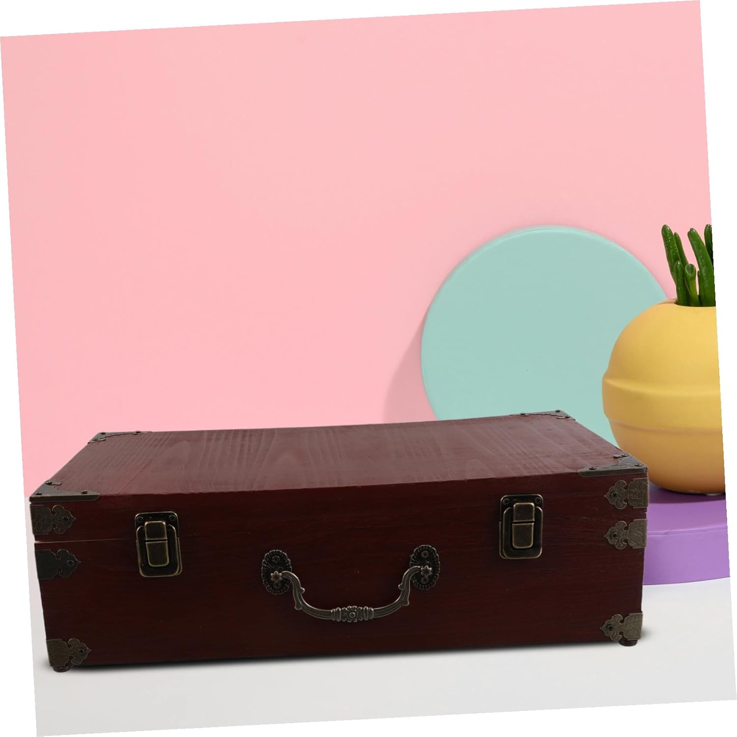 Vintage Wooden Treasure Chest Box with Handle and Hinged Lid Multi-use Keepsake Storage for Jewelry Documents Playing Cards and Trinkets Decorative Organizer for Home and Office