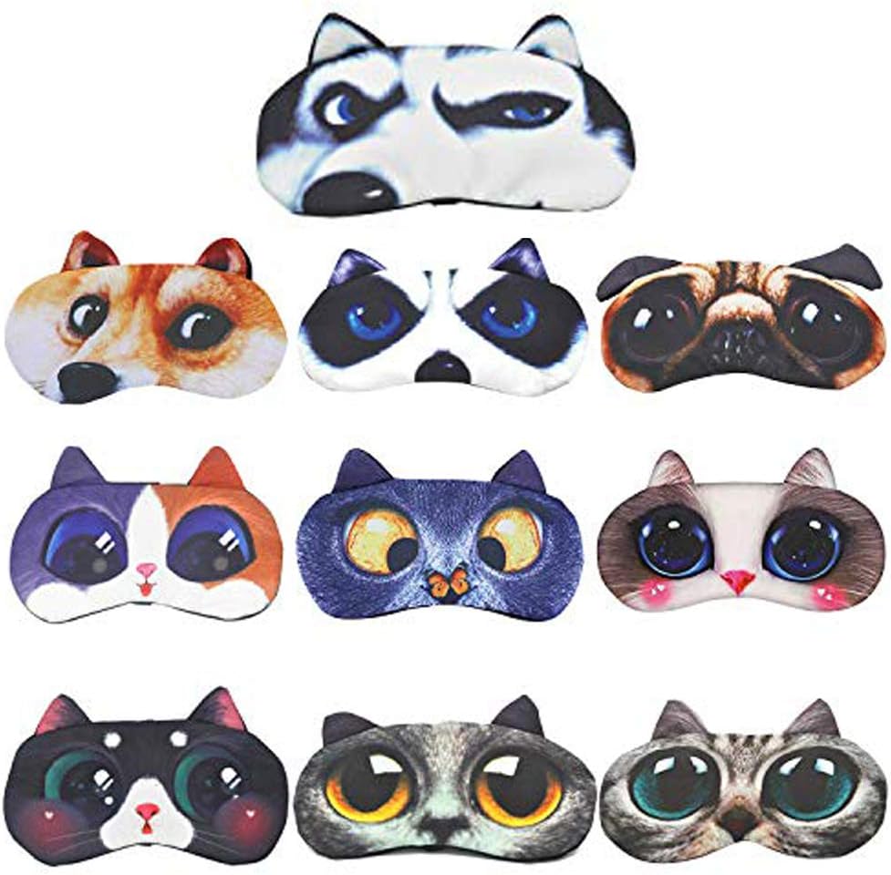 HYCLES 10 Pack Cartoon Animal Cute Sleep Eye Mask with Adjustable Strap Relaxed Sleeping Blackout Cat Dog Eye Cover Eyeshade for Kids Men Women Travel Rest/Blindfold Game