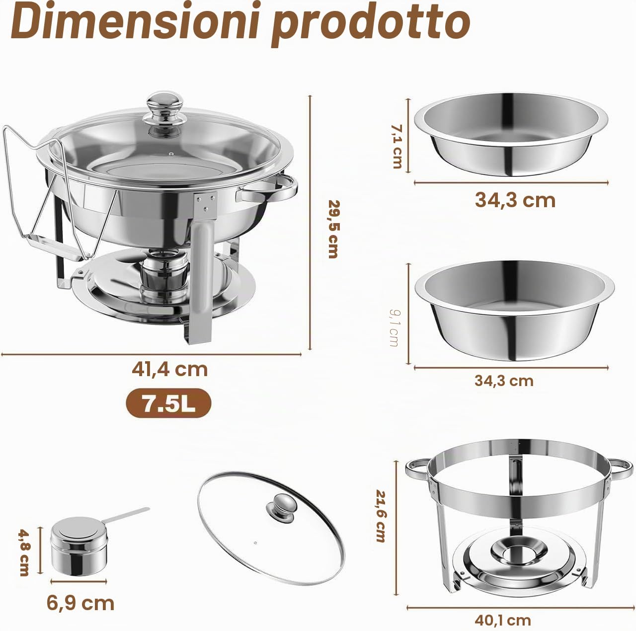 NArra 4 Pezzi Set da Buffet per scaldavivande, 7.5L copripiatti Rotondi in Vetro, Posate per Buffet in Acciaio Inox, Telaio Spesso per Catering, scaldavivande per Feste, Matrimoni, Picnic