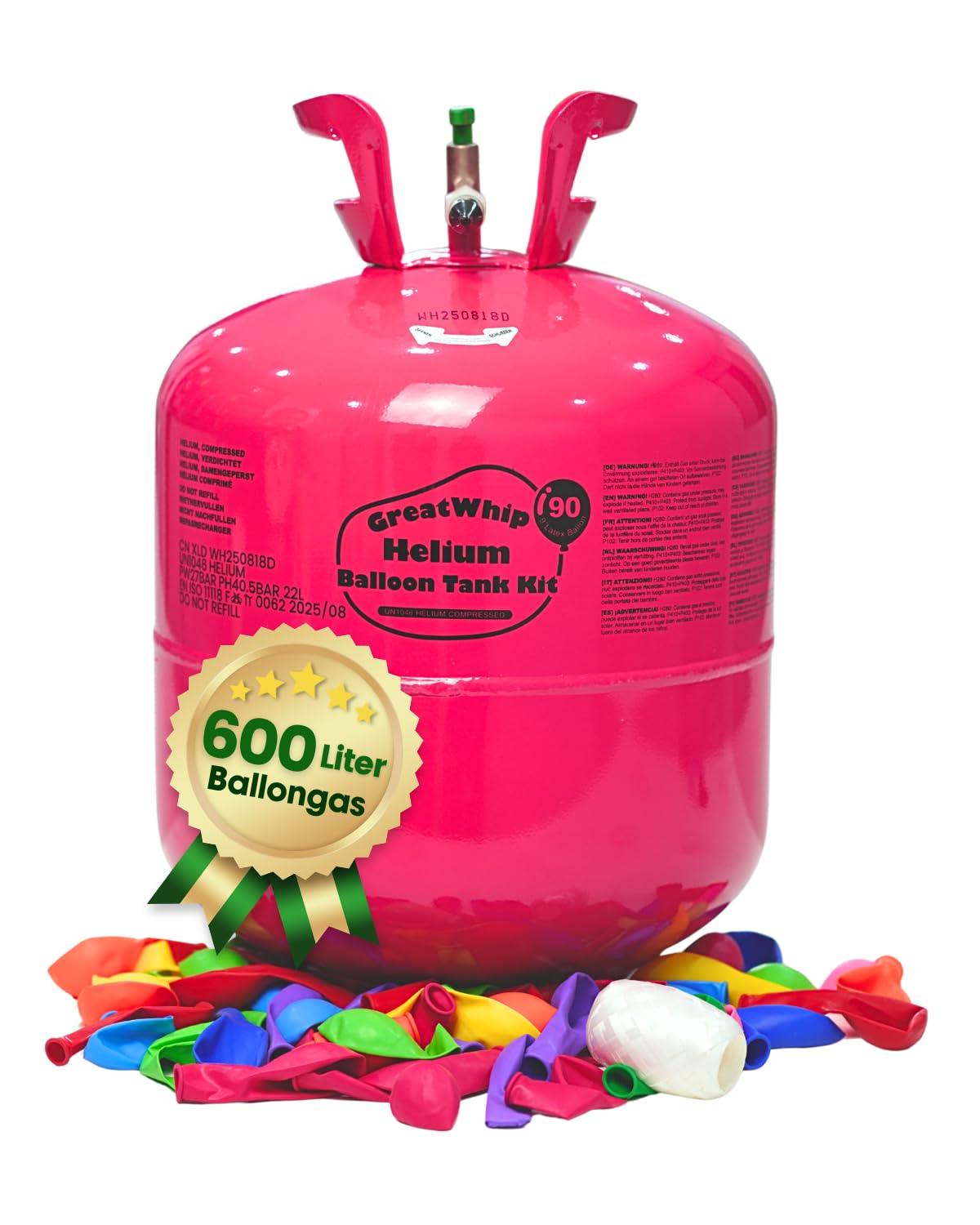 GreatWhip Ballongas für 90 Luftballons Helium Gasflasche 600 Liter (0,6m³) XXXL Einweg mit Füllventil, inkl. Kinderluftballons und Bänder, Hochzeit, Geburtstag, Firmenevent, Party | Einwegflasche mit Füllventil, inkl. Luftballons und Bänder; für Hochzeit,