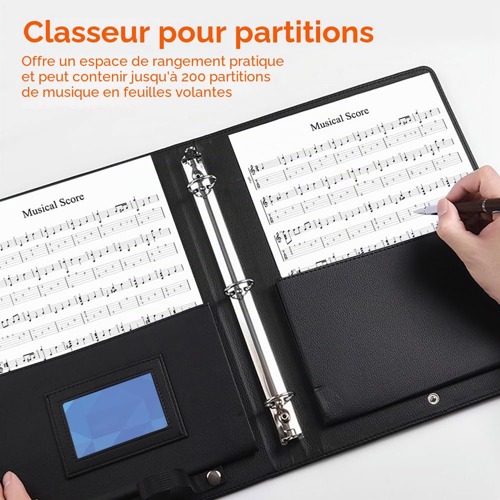 Porte-Partitions A4, Porte Partition Chorale Grand, Portes-Partition pour Feuilles avec Poche Intérieure et Dragonne, Classeur à Partition en Cuir PU avec 3 Anneaux pour Piano Guitare Violon, Noir