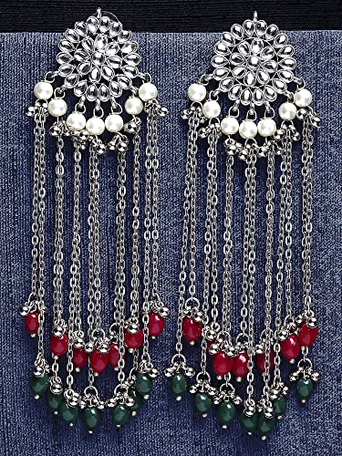 Image of Karatcart Kundan Tassel Earrings for Women (Pink and Green Beads)