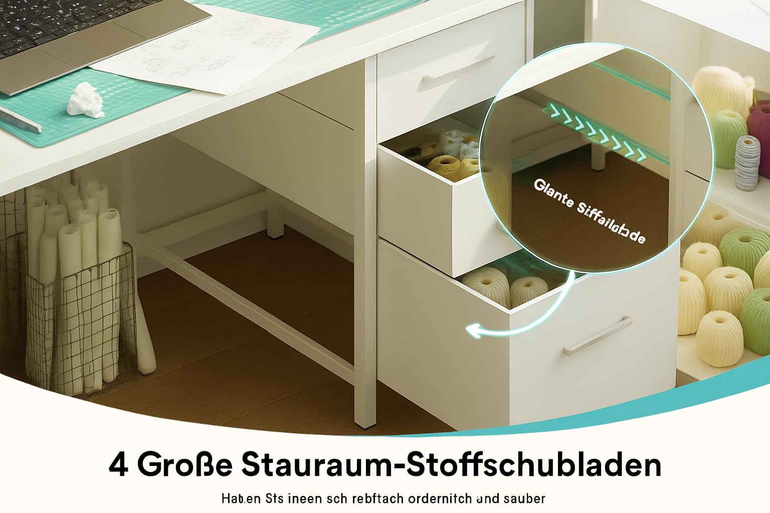 Biurko L-forma z 3 szufladami materiałowymi, 120 * 80 cm odwracalne biurko narożne z podstawką pod monitor, gniazdkiem elektrycznym i portem ładowania USB dla domowego biura, biały