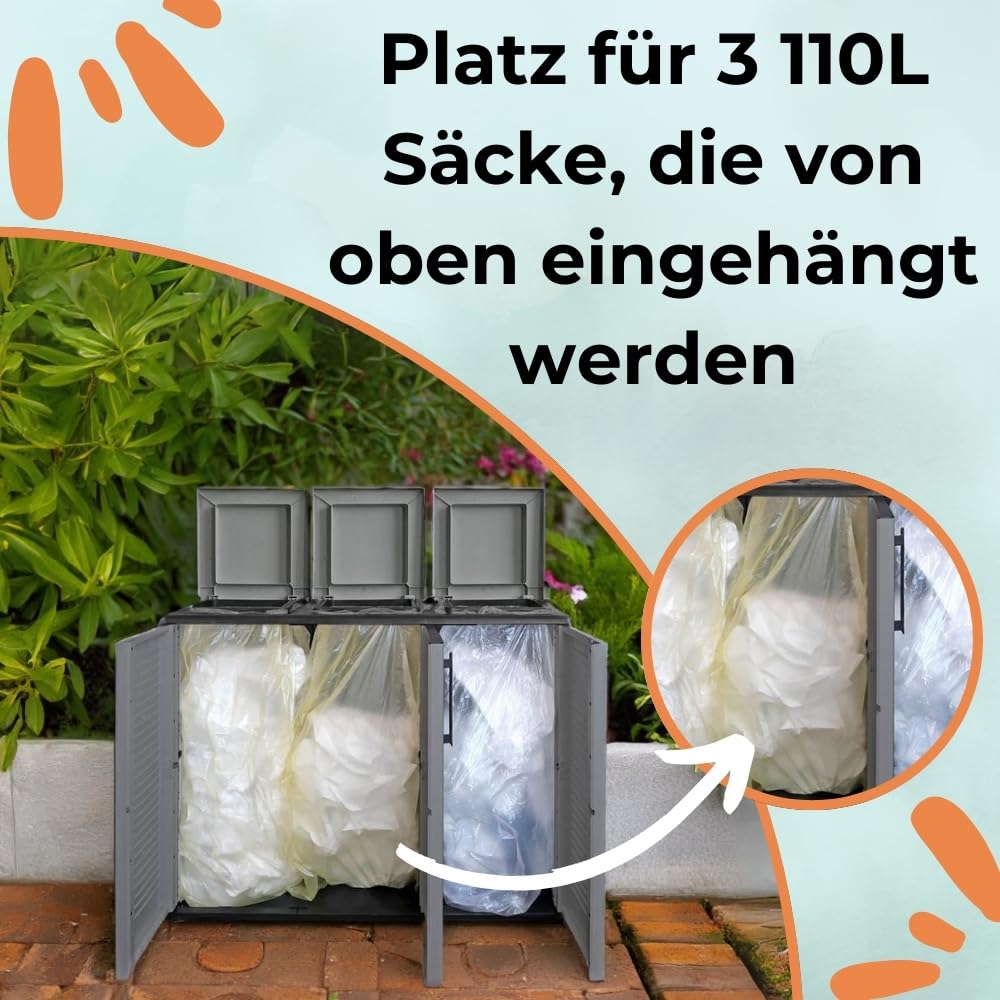 Mülltrennsystem 3Fach Mülltonnenbox 3 Fächer Müllsackständer mit Deckel 3er Garten Schrank Müllbox Trennsystem Müll Abfall & Recycling Sack