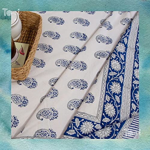 Image of TOAI Hand Block Printed Bedsheet | Bed Sheet Flatsheet | Pure Cotton | Double Bed King Size 108 inchx108 inch | 210 TC Bedsheets | Includes 2 Pillow Covers (Blue Paan on White)