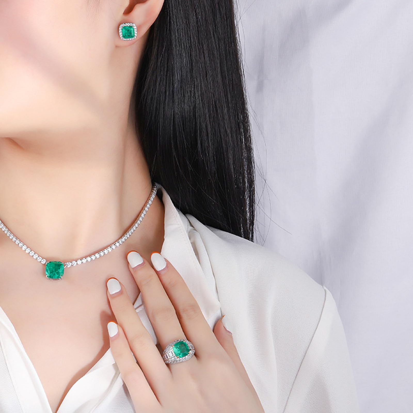 Juego de collar con colgante de diamante verde artificial de plata de ley 925 para mujer, conjunto de joyas cuadradas con diamantes de imitación verdes para bodas, banquetes
